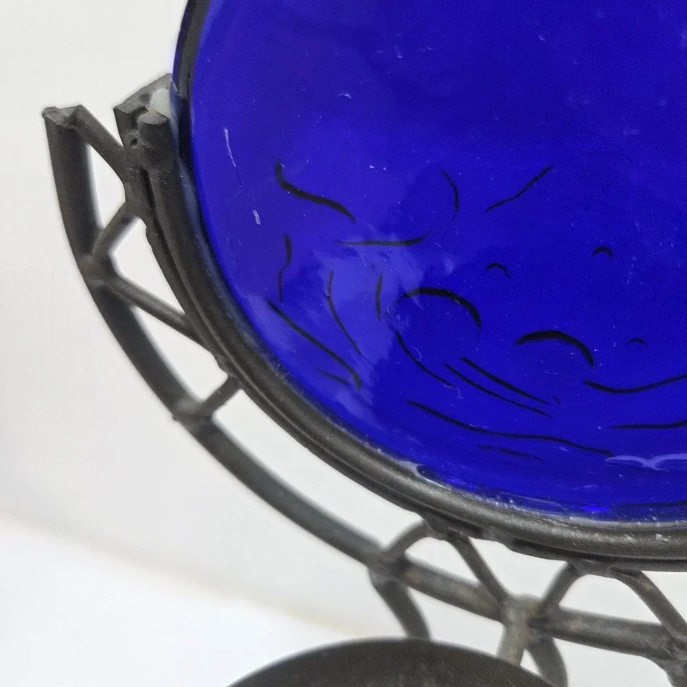 Vintage 90s Large Squiggle Candle Holder w/‎ Cobalt Blue Glass Dolphin